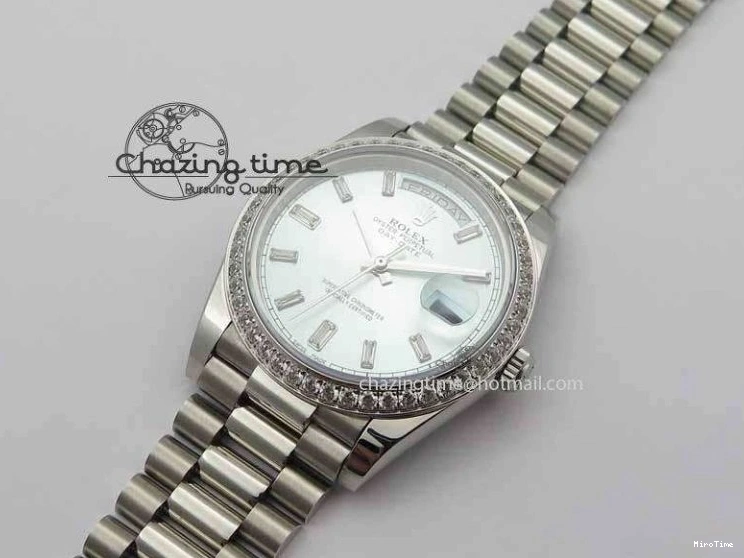 MiroTime 1218 Stylish Day Date 40mm SS BP Maker Best Edition Diamond Bezel Ice Blue Dial On SS Bracelet ETA 3699